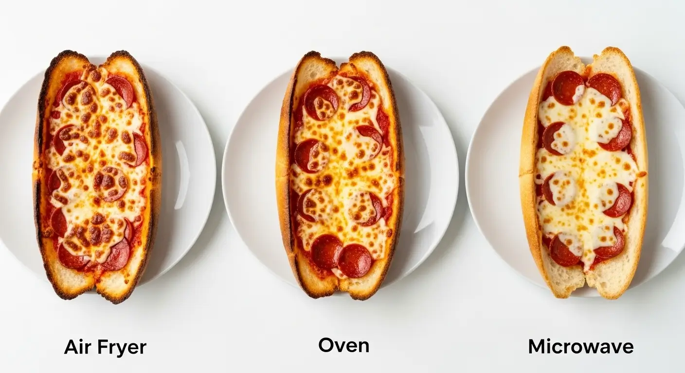 Three French bread pepperoni pizzas are compared on white plates. The air fryer version has charred edges, the oven crust is golden-brown, and the microwaved pizza is soft, illustrating different cooking methods under bright lighting.