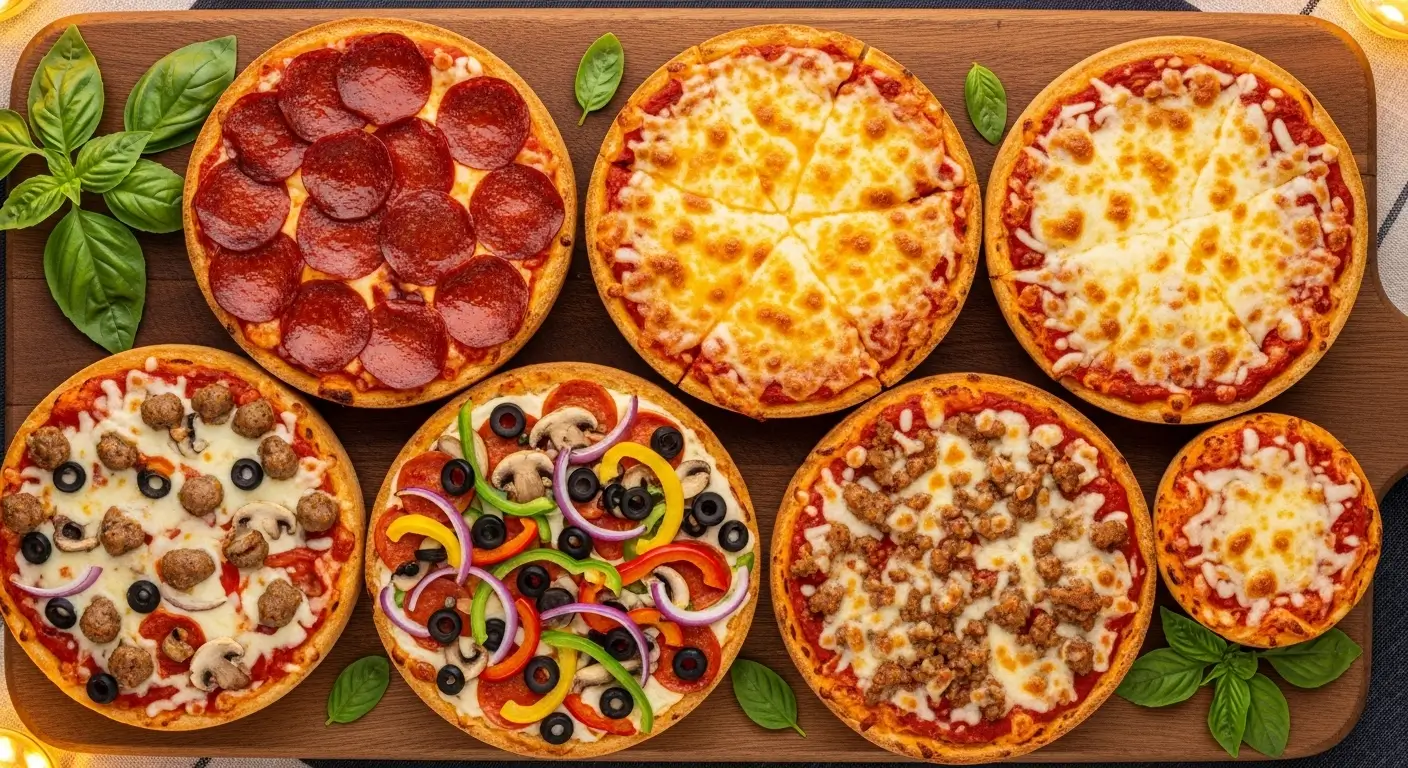 Seven gourmet personal pizzas with melted cheese, pepperoni, and fresh vegetables rest on a dark wooden board. Fresh basil leaves accent bubbly golden crusts and vibrant toppings under warm lighting, showcasing a delicious variety of pizza toppings.