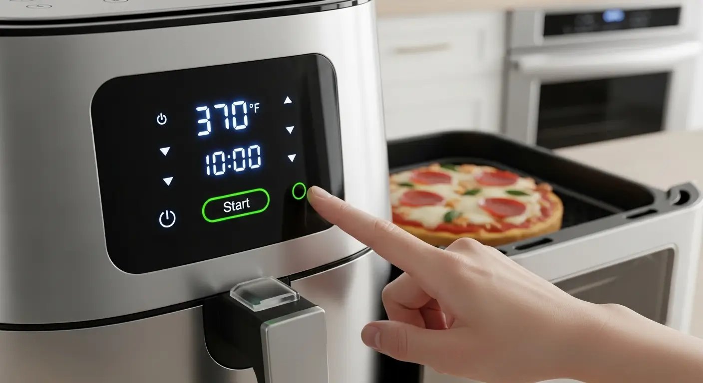 A hand presses start on a sleek stainless steel digital air fryer set to 370°F. A fresh pepperoni pizza rests in the open basket under bright kitchen lighting, highlighting the glowing LED screen and metallic finish.