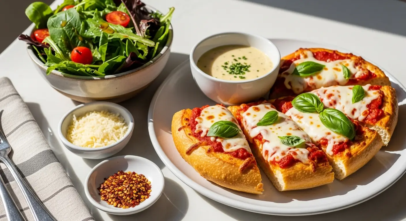 Crispy French bread pizza with melted mozzarella and fresh basil, served beside a vibrant garden salad and creamy dipping sauce. The meal rests on a white table in bright sunlight, highlighting golden crusts and fresh greens.
