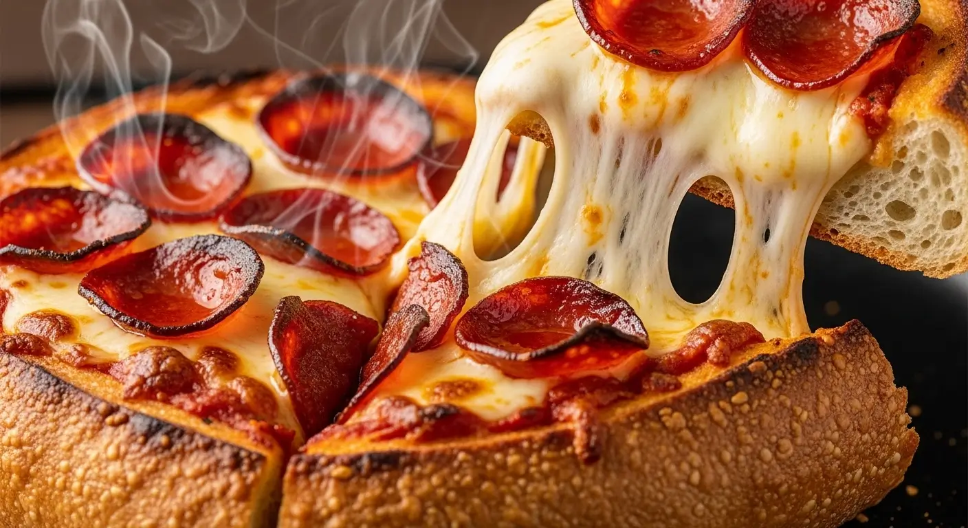 Steaming thick crust pepperoni pizza featuring a dramatic mozzarella cheese pull. Wisps of steam rise from crispy, curled pepperoni and bubbling cheese, highlighting the airy, golden-brown crust under a warm, cinematic glow.